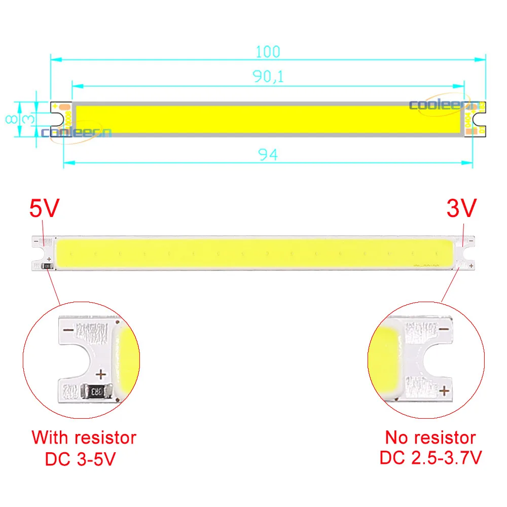 100x8mm 3V 3.7V 5V COB świecący czip LED 2W ciepły zimny biały kolor z wtyczką USB AA przycisk opakowanie na baterie ściemniania pasek LED żarówka