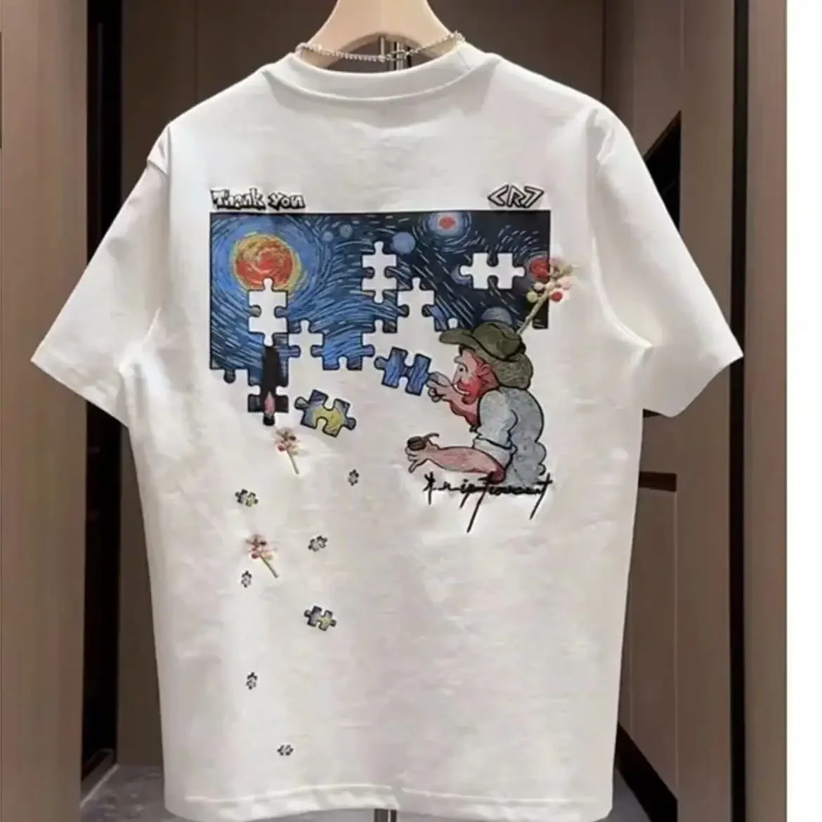 

American hip-hop personality starry sky print round neck short sleeved men and women summer trend loose casual T-shirt top y2k