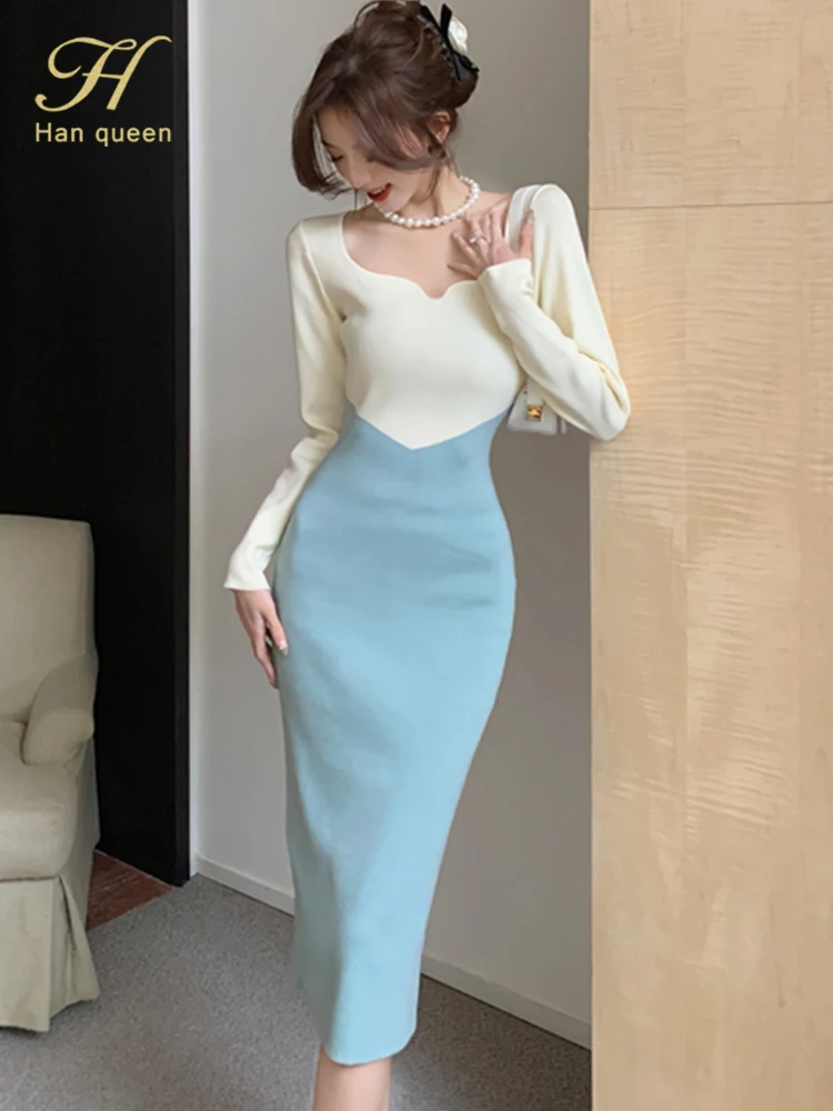 H Han Queen Autumn Winter Knitting Vintage Vestido Simple Chic Work Wear Dress Women Office Bodycon Sheath Casual Pencil Dresses