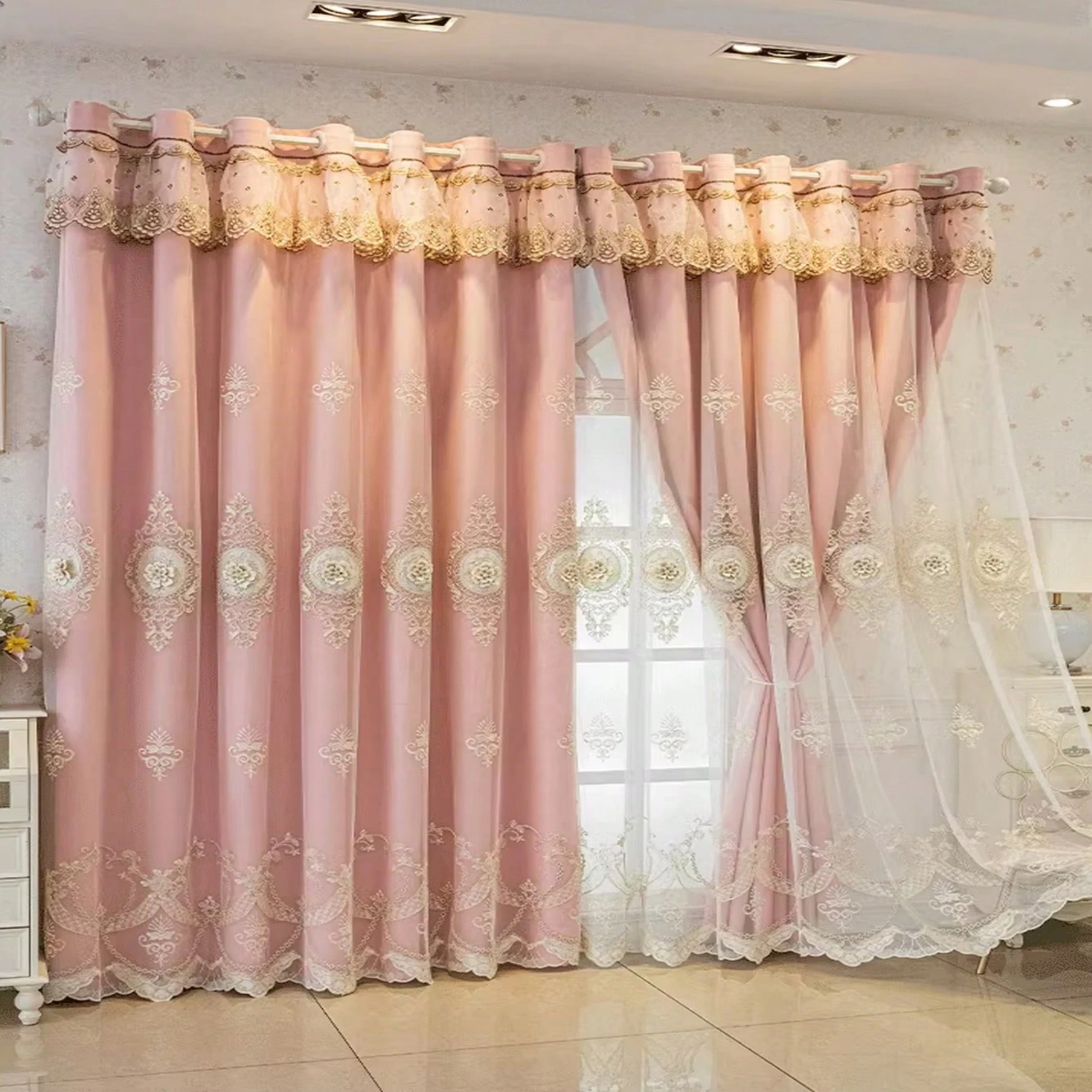 High Gauze Integrated Double-Layer Finished Product End European Style Living Room Embroidered curtains Chickened