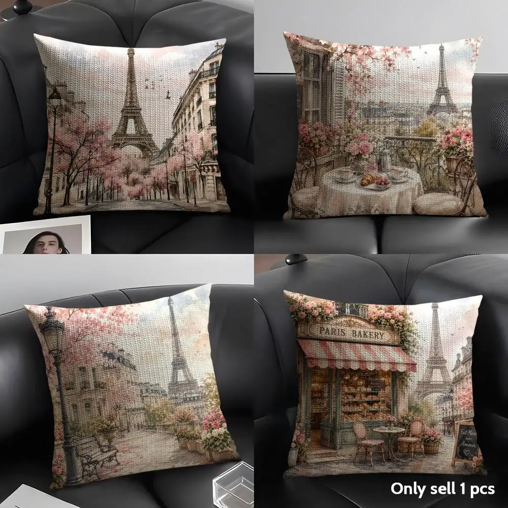 Paris Street Scene Eiffel Tower Cushion Cover Natural Linen Organic Fabric Double Sided Print Sofa Pillow Case Home Decor Gift