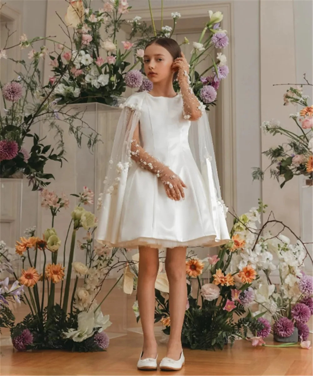 

Premium Wedding Short Flower Girl Dress Custom Floral Satin Baby Girl Birthday Party Dress First Communion Dress