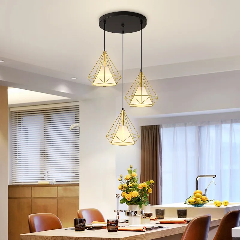 Nordic Modern Style 3 Heads Pendant Lights Gold Diamond Iron Cage LED Chandelier Adjustable Kitchen Dining Living Room Bedroom