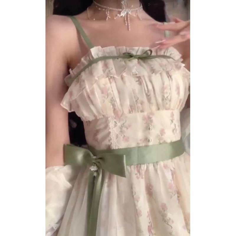 Floral Print Ruffle Mesh Lace Bow Sweet Dresses for Women 2024 Summer Strap Sleeveless High Waist Slim Fairy Midi Dress Vestidos