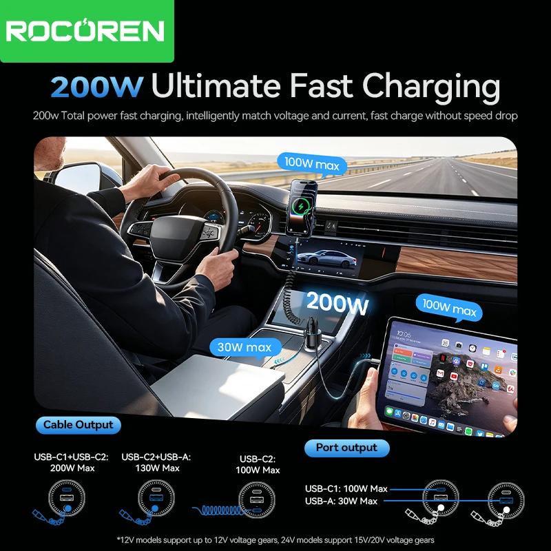 Rocoren 200W Car Charger Fast Charge PD100W USB Type C Car Charger With Spring Charging Cable for iPhone MacBook Huawei Laptops