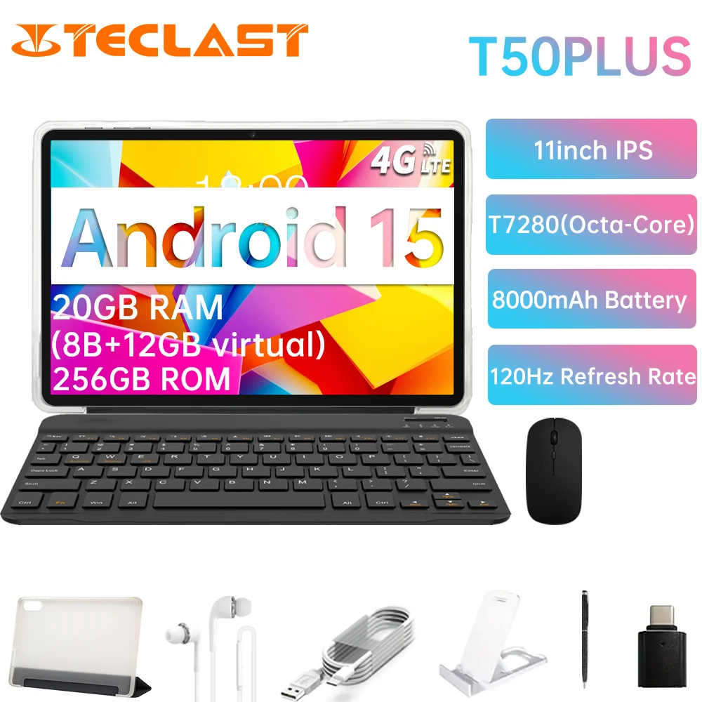 تابلت Teclast T50PLUS (T7280 ثماني النواة، 8 جيجابايت رام، 256 جيجابايت روم/11 بوصة/أندرويد 15) مع لوحة مفاتيح وماوس لاسلكي، سلسلة الملحقات #1