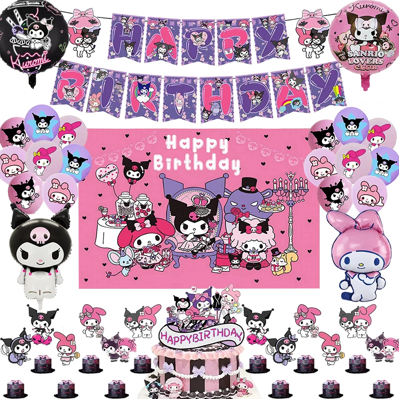 New Sanrio Theme Kuromi Birthday Party Decoration Tableware Supplies Kuromi Foil balloons Backdrop Cake Topper Baby Shower