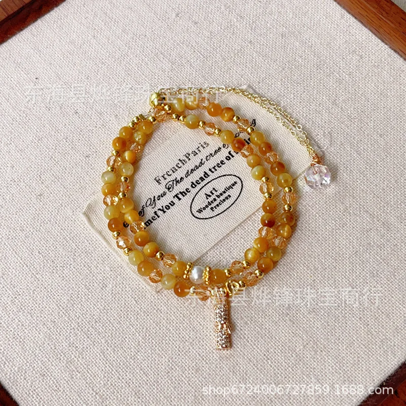 6mm Chinese Style Natural Gold Tiger Eye Stone Double Ring Double Layer Bracelet Hand String Adjustable Tail Chain Women's Lucky