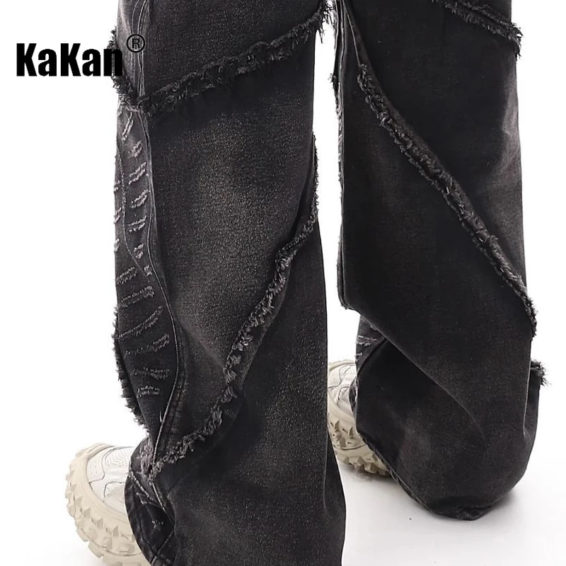 Kakan-Jeans de aranha danificada retrô com borda irregular para homens, jeans pop de rua europeia e americana personalizada, longos soltos, 27-59