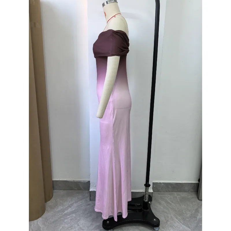 European American New Fashion Short Sleeves Gradual Change One-word Collar Hip Skirt Long Dress Exquisite Simple Casual Fashion