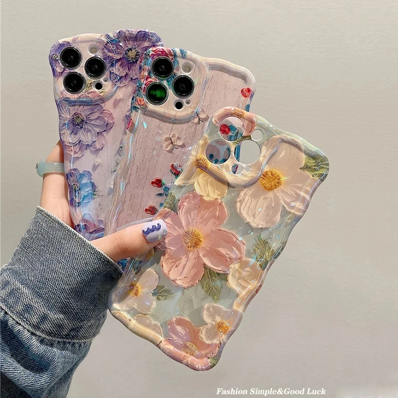 Ottwn Luxury Laser Oil Painting Flowers Phone Cases For iPhone 11 12 13 14 15 Pro Max Fashion Shockproof Soft Bumper Back Covers image 4