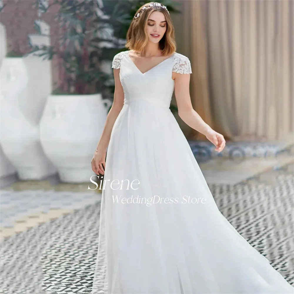 Sirene-tule vestido de noiva com rendas e cap sleeve, elegante, decote em V, linha A, até o chão, sem encosto, vestido de noiva, 2024