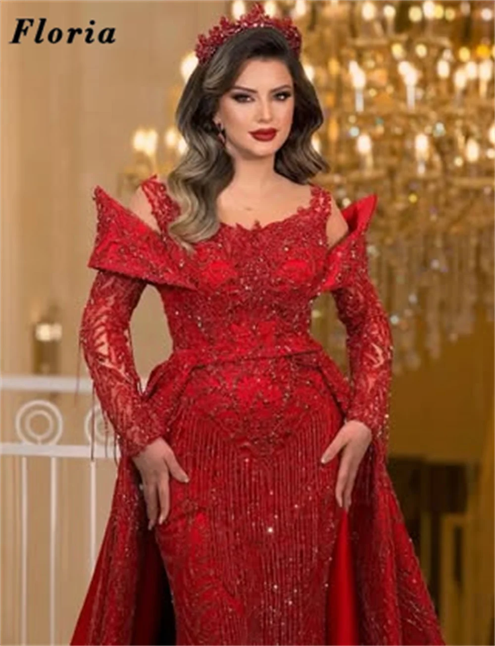 

Two Pieces Red Beaded Prom Dresses With Overskirt Dubai Off Shoulder Crystals Women Evening Dress Wedding Party Gowns Customized