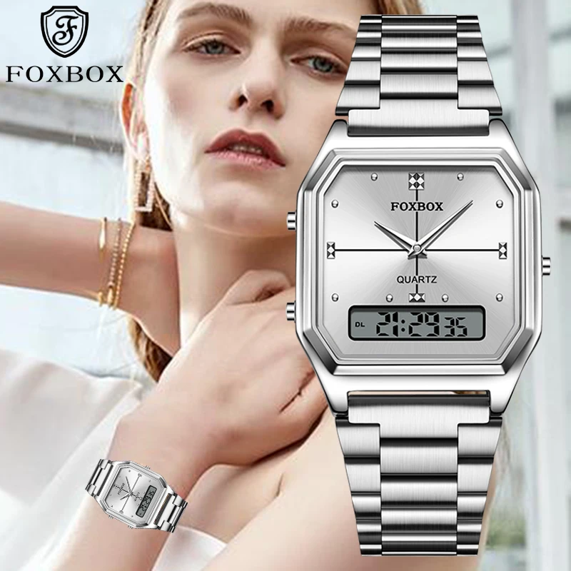 

FOXBOX women's quartz wrist watch Digital Sports ladies clock Electronic Waterproof Square LED Watch for Women montre femme+BOX