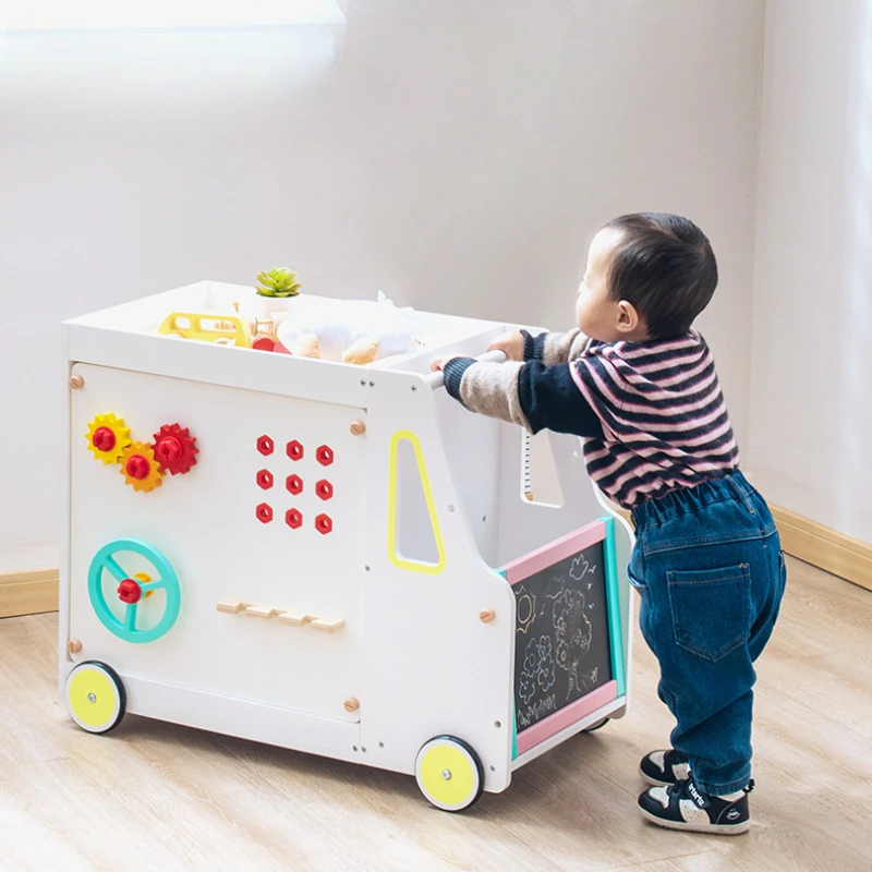 Montessori Wooden Kids Toys Multi Functional Learning Storage Cart Magnetic Blocks Drawing Blackboard Board Games Accessories