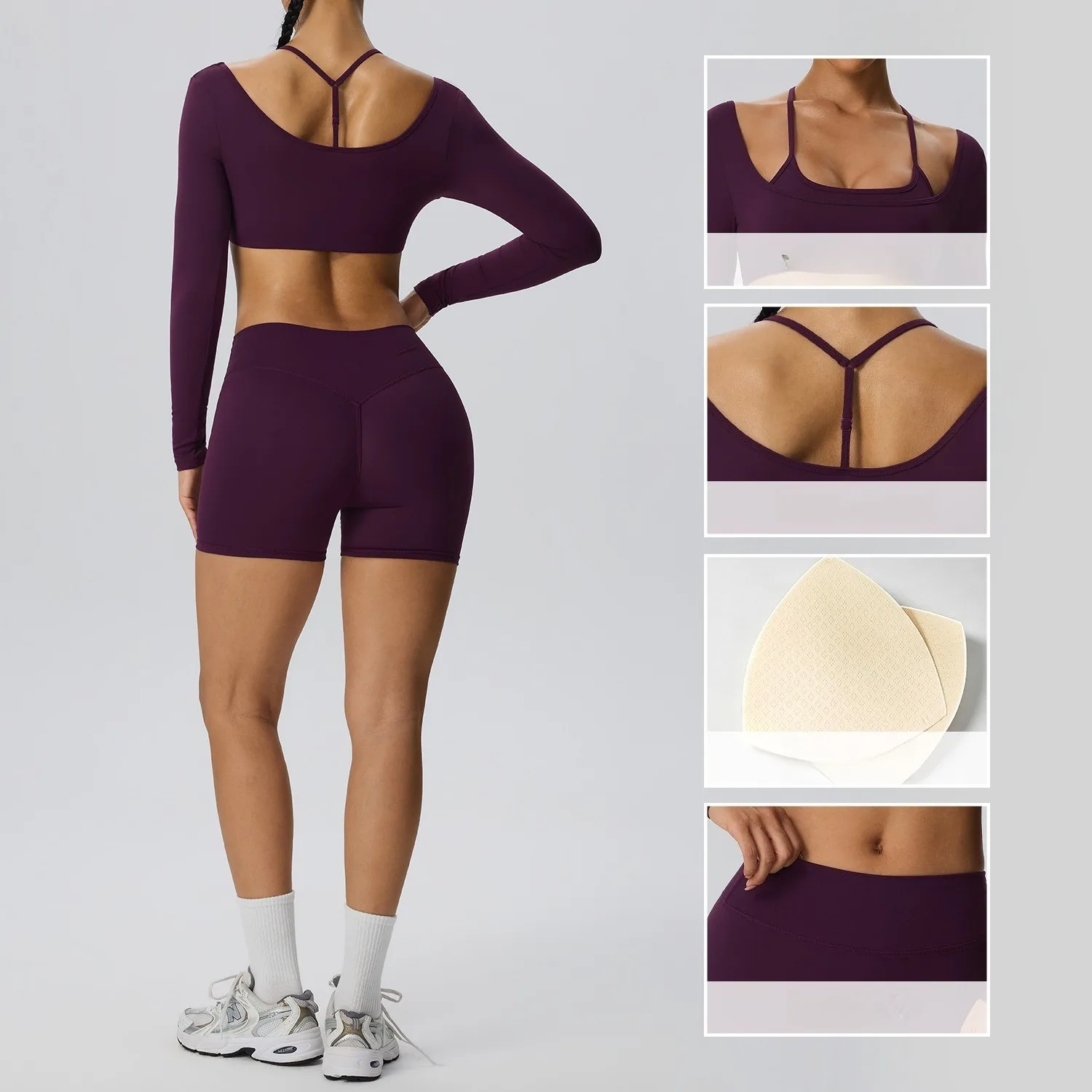 Women Yoga 2Pcs Outfit Long Sleeve Butt Lifting Shorts Quick Dry Double Brushed Gym Suit
