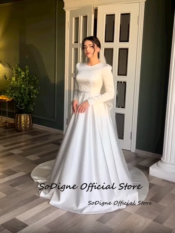 SoDigne A-lijn Satijn Bescheiden Bruid Jurken O-hals Volledige Mouwen Applicaties Trouwjurk Bruidsjurken vestidos de novia Aangepaste