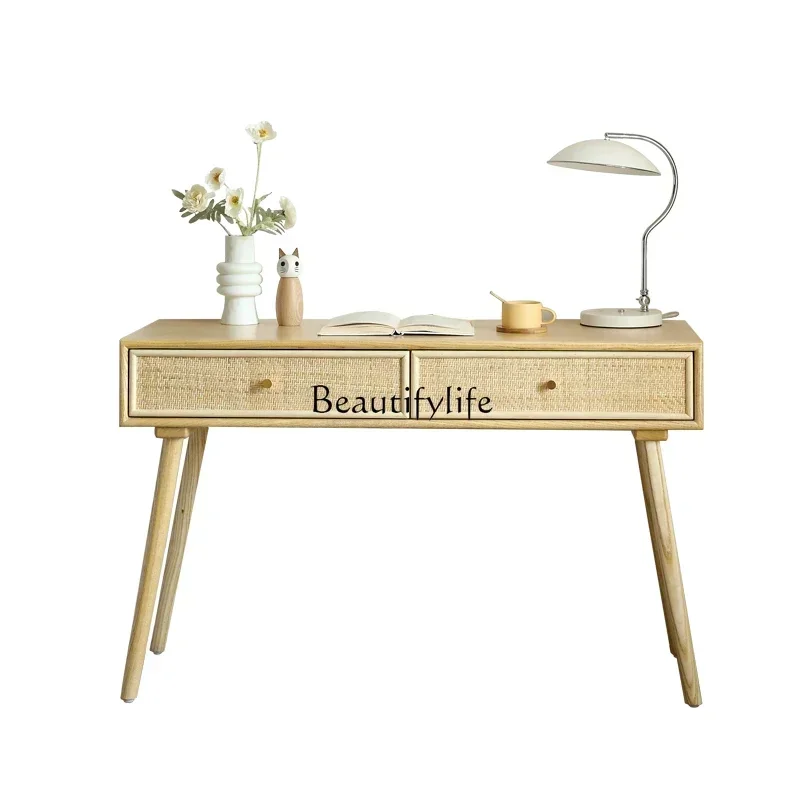 

1lNordic Solid Wood Home Rattan Desk Modern Minimalist Study Desk with Drawer
