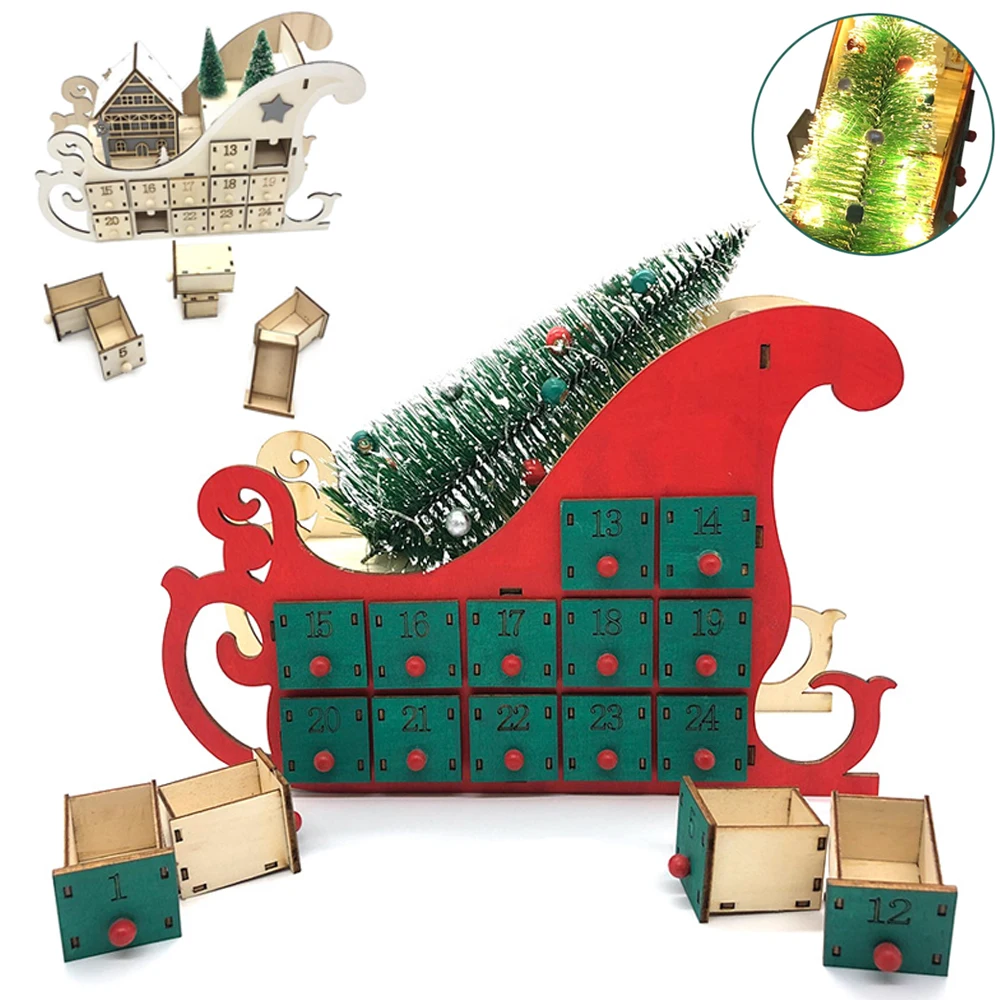 Christmas Advent Calendar Ornaments Wooden Luminous Decoration Gadget with 24 Drawers with LED Light Storage Home Party Gifts