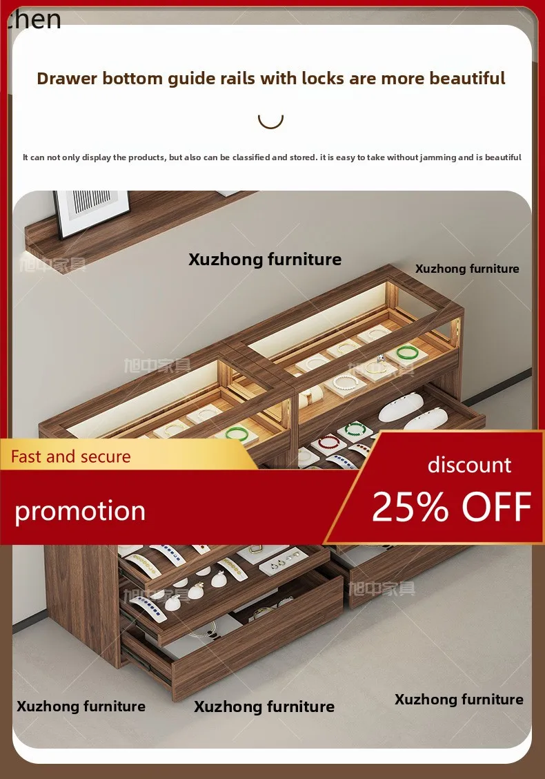 ZML Solid Wood Lockable Jewelry Display Cabinet Display Island Glass Storage Cabinet