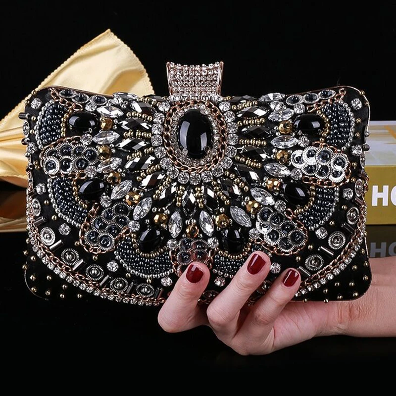 Vintage Women Black Beaded Evening Clutch Bags Ladies Box Metal Clutches Wedding Cocktail Party Handbags Purses