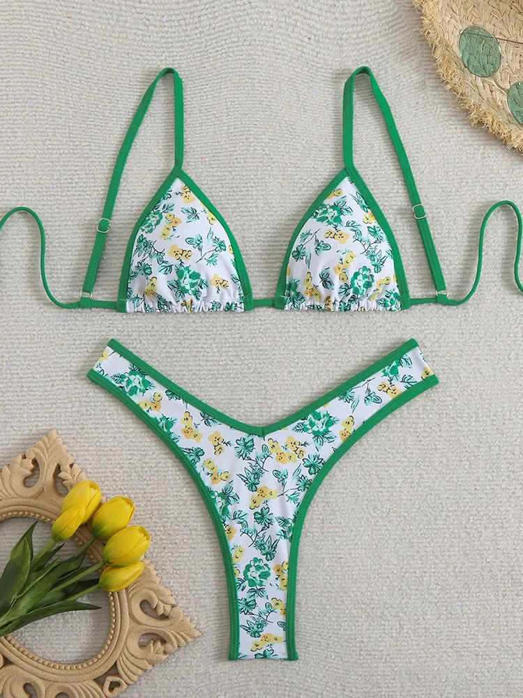

Sexy Backless Print Bikini 2 Piece Set Women Laced Up Split Swimsuit High Waist Beach Bikini 2025 New Summer Swimwear Bikini Set