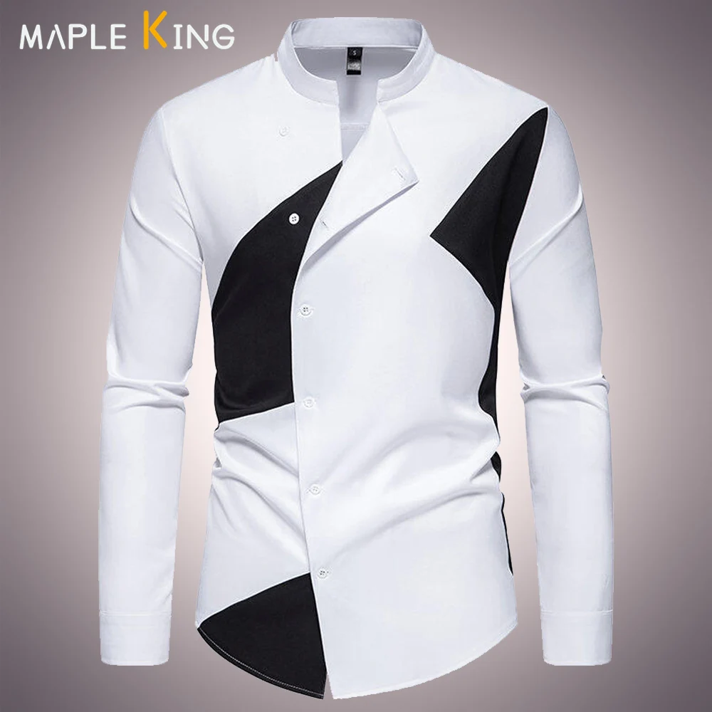 Henry Collar Patchwork Color Designer Men Dress Shirts 2025 Creativity Hip Hop Ropa Festival Hombre Halloween Camisas Streetwear