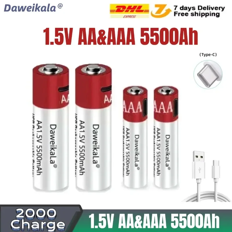 

AA + AAA 2021 новая литий-ионная аккумуляторная батарея большой емкости 5500 мАч AA 1,5 В USB литий-ионная батарея с быстрой зарядкой