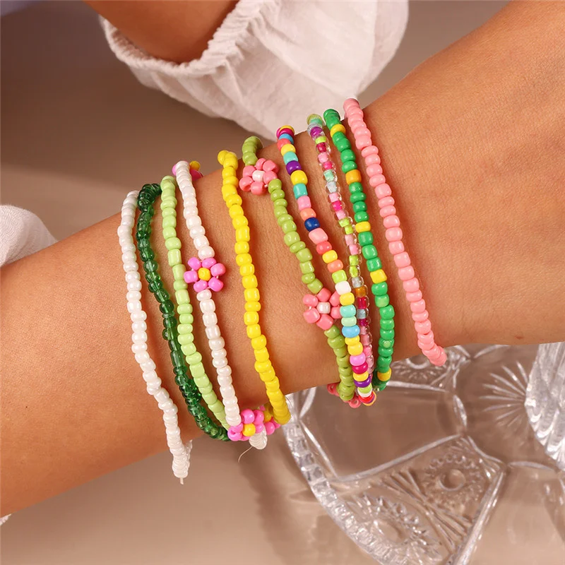 Aihua Handmade Colorful Seed Bead Flowers Charms Bracelet For Women Kids Bohemia Friendship Bracelet Beach Party Gifts