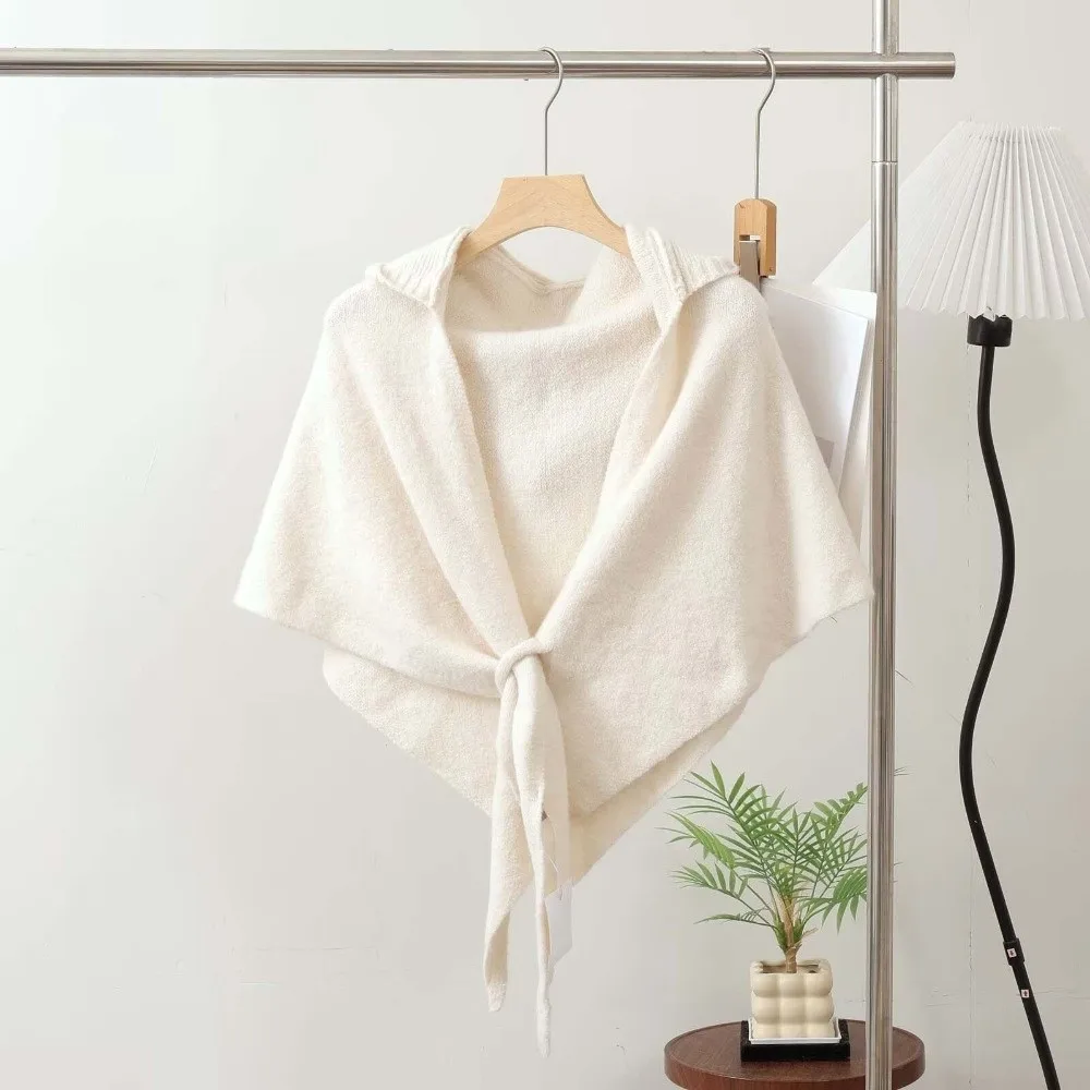 Wool Blend Hooded Triangle Scarf Cozy Texture Thick Knit Women Shawl Warmer Lightweight Feel Durable Solid Neck Collar