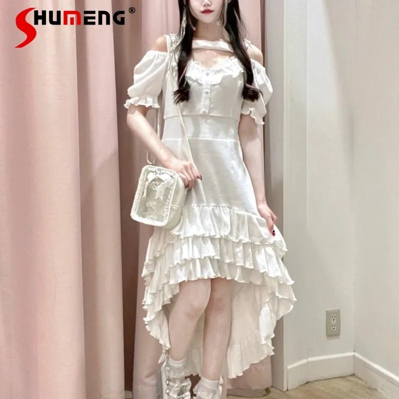 

Japanese Lolita Sweet Lady Ruffled Loose Cake Dress Off-the-Shoulder Strap Front Short Back Length Dresses Summer New Vestidos