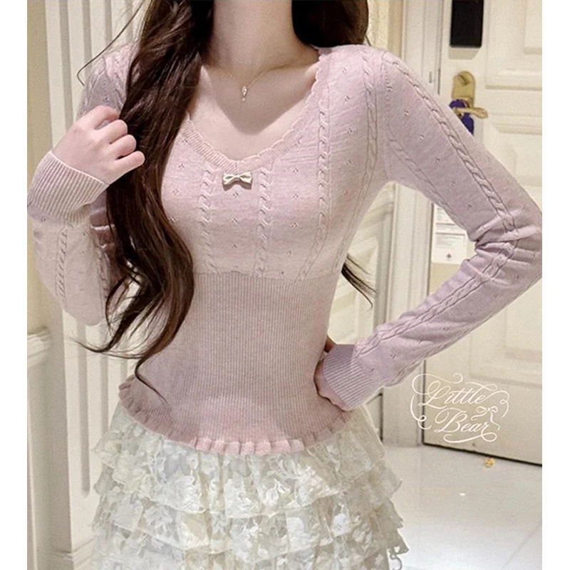 

MEXZT Kawaii Bow Sweater Women Cutecore Cropped V Neck Knitted Pullovers Korean Long Sleeve Knitwears Winter Slim Jumpers New