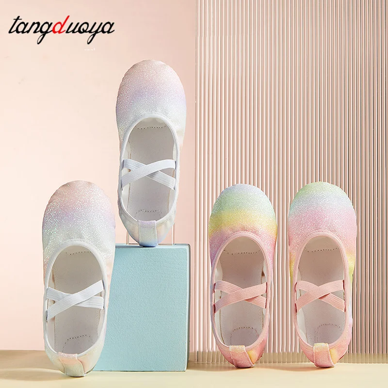 Girls ballet shoes Shiny rainbow soft soled ballet performing Training shoes dance cat claw shoes Ballet Slippers for kids