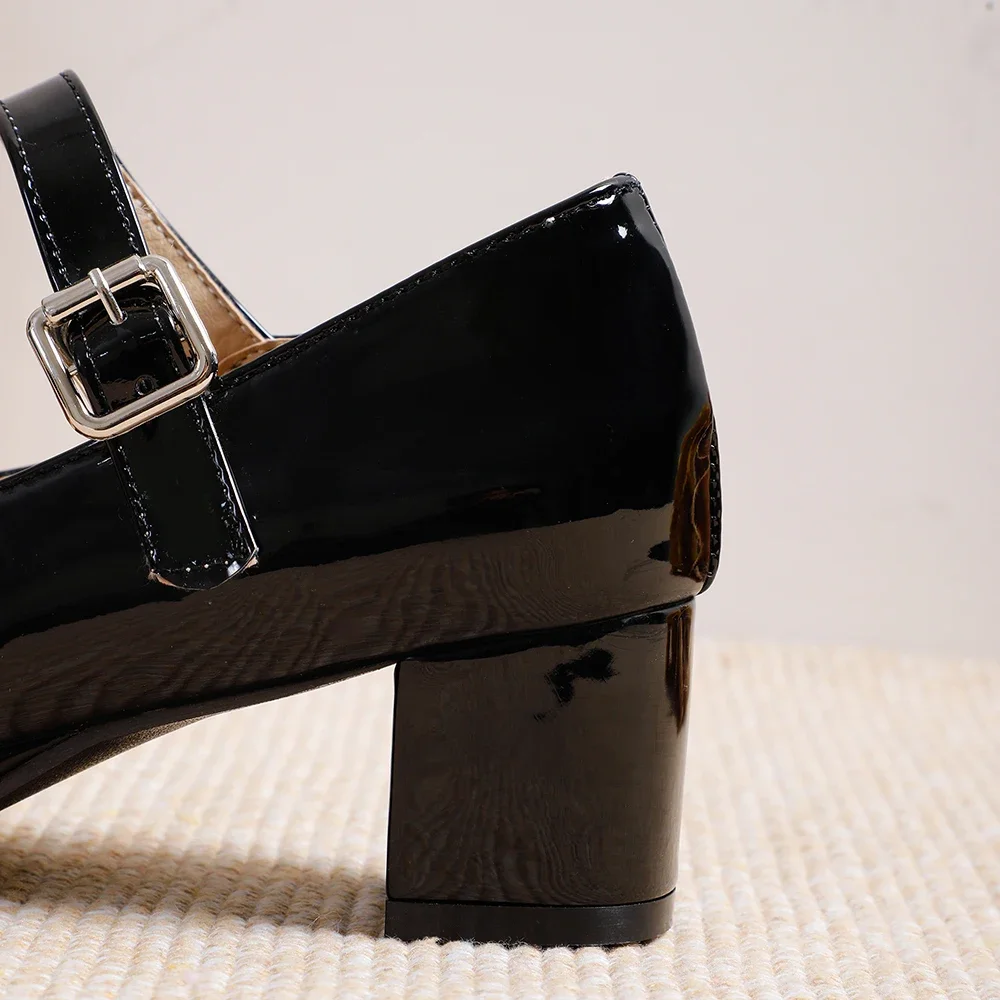 New Sweet Black White Women Casual Pumps Lovely 2 inch Med Sqaure Heels School Lady Dress Shoes Small Big Size 30 46 48 - view 5