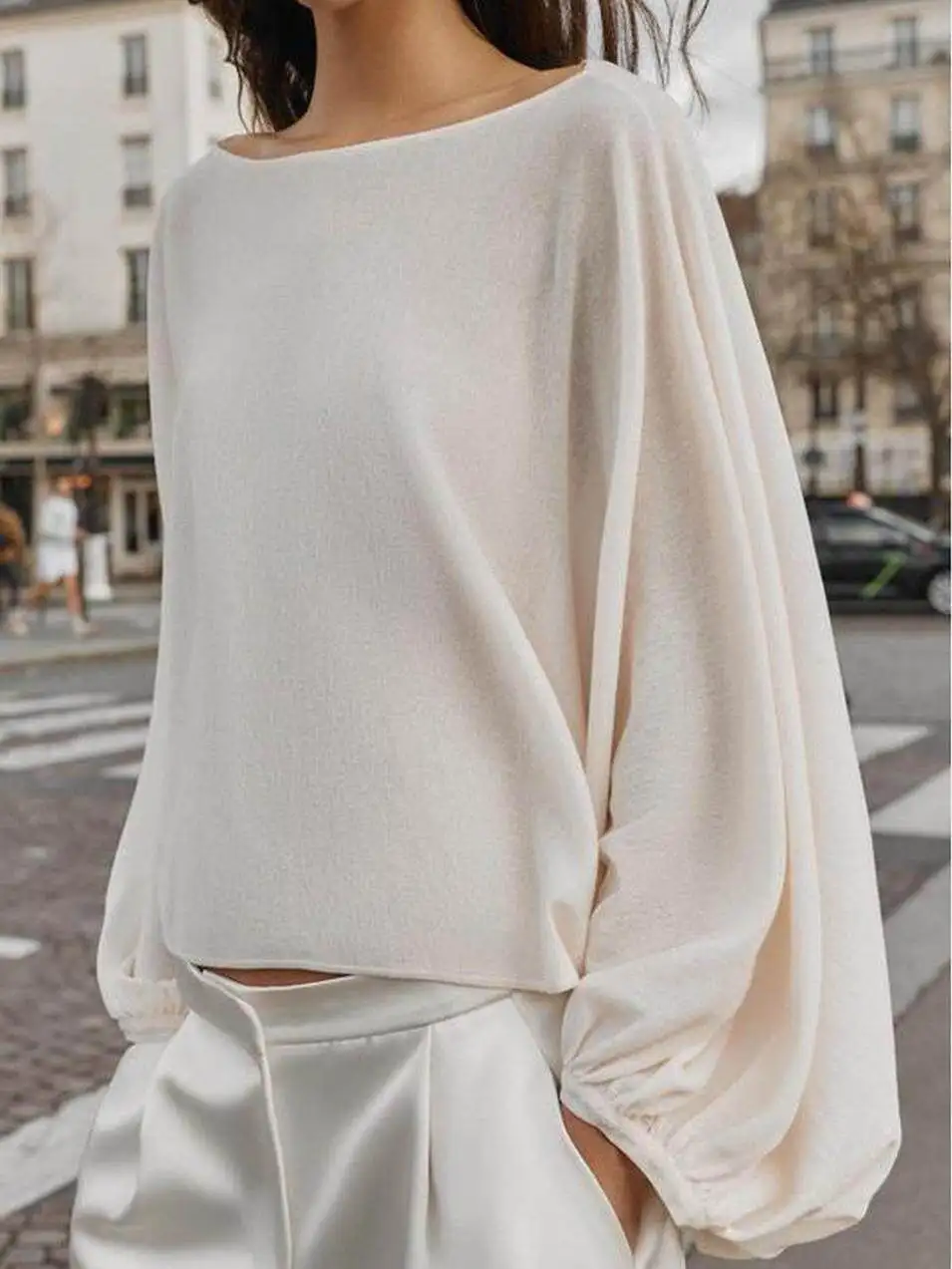 

Casual Knitted Fashion One-Shoulder Lazy Style Top Soft Green Fiber Cotton Linen Blend Long Sleeve Regular Fit Spring 2026