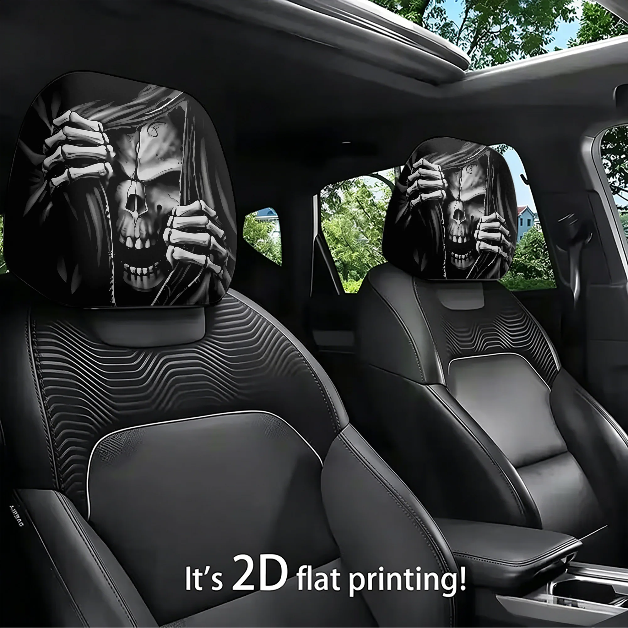 2pcs Grim Reaper Car Headrest Covers—add a bold, gothic style to your car’s interior. Does not include stuffing. Easy to install