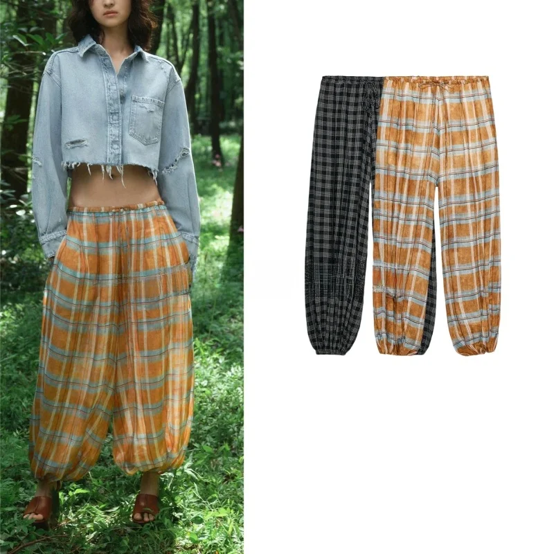가을 겨울 신상 여성 캐주얼 스타일 린넨 혼방 체크 무늬 미디 허리 퍼프 팬츠 하이웨이스트 엘라스틱 폴리에스터 섬유 여성용