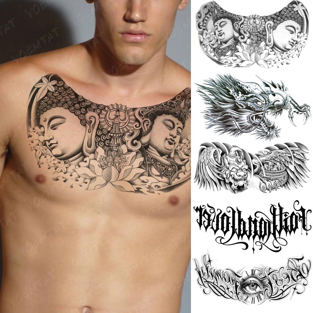 

Chest Tattoo Stickers Buddha Statue Lotus Waterproof Temporary Fake Tatoo Large Waist Back Shoulder Sexy Body Art For Men Women