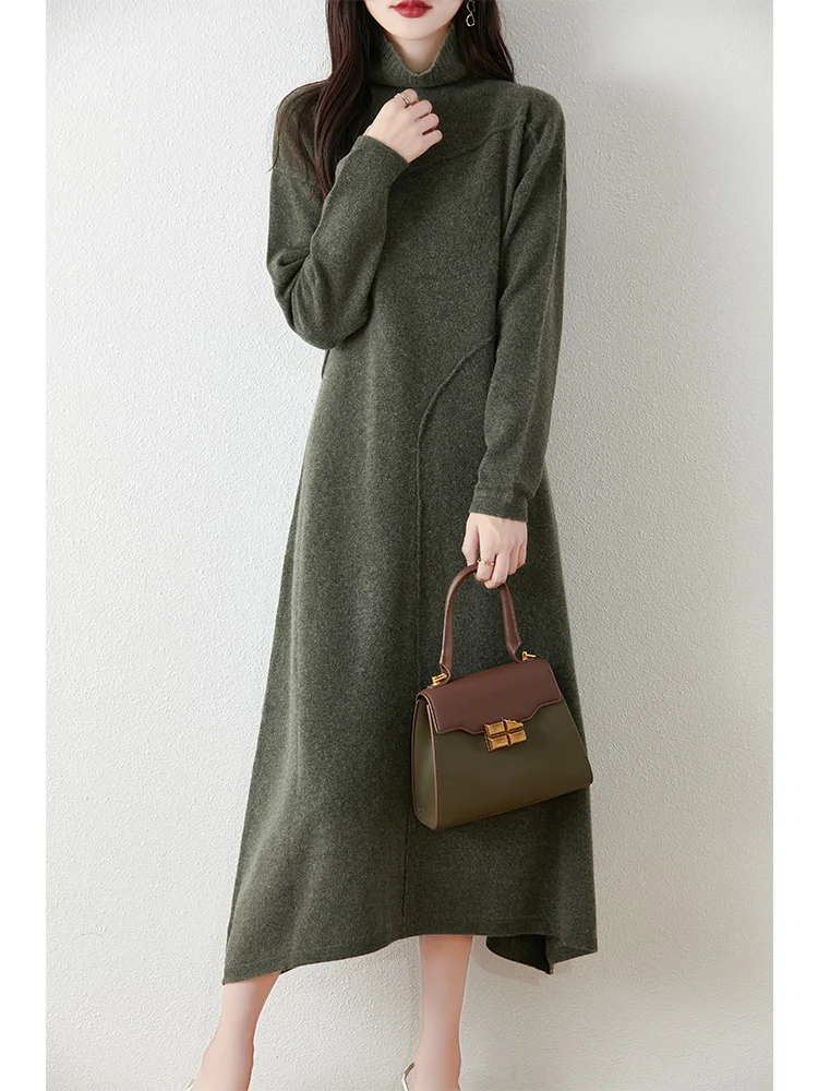 Women's Pure Wool Knitted Long Dress, Half Turtleneck, Irregular, Elegant, Casual, Fashionable, Sweater, 2024 Autumn/Winter