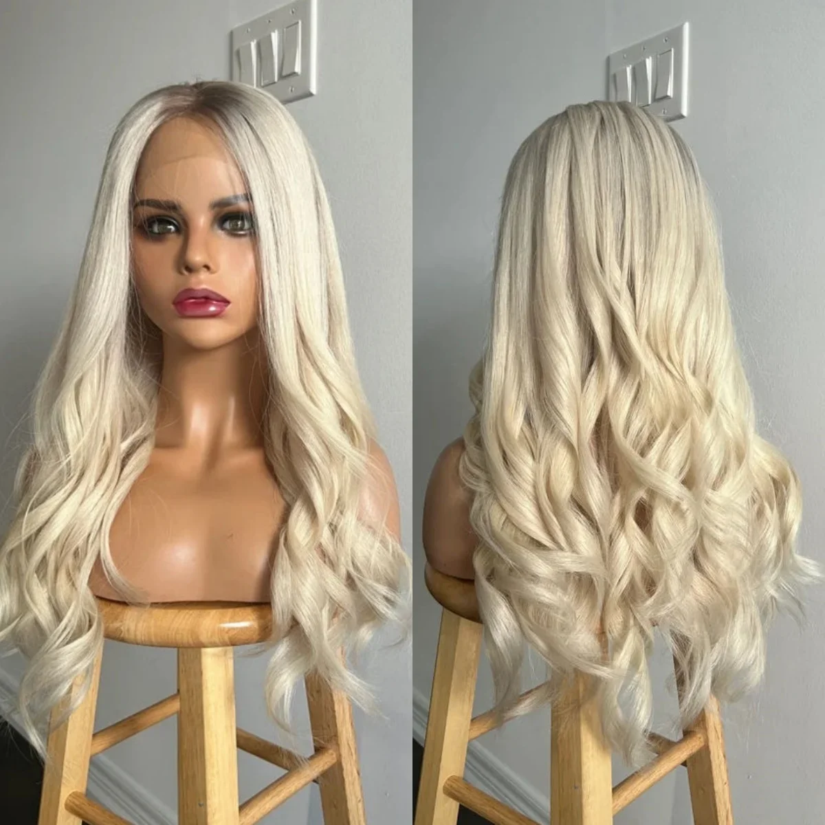 Peluca con malla frontal rubia clara con raíces oscuras 13x4 peluca sintética prearrancada de onda larga suelta sin pegamento de aspecto Natural para uso diario