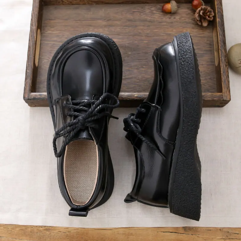 Retro British Style Thick Heel Slip-On Casual Shoes with Lace Design Breathable Linen Material round Toe Spring Summer Footwear