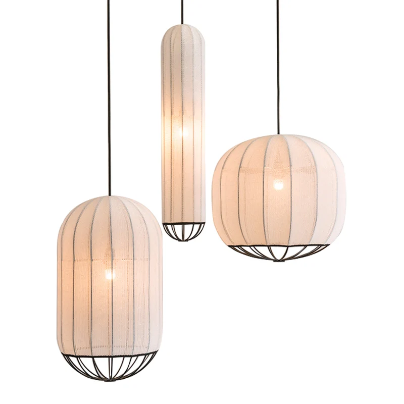 

Handmade Fabric & Iron Vintage Chandelier for Living Room Ceiling, Dimmable Hanging Light with Linen Shade