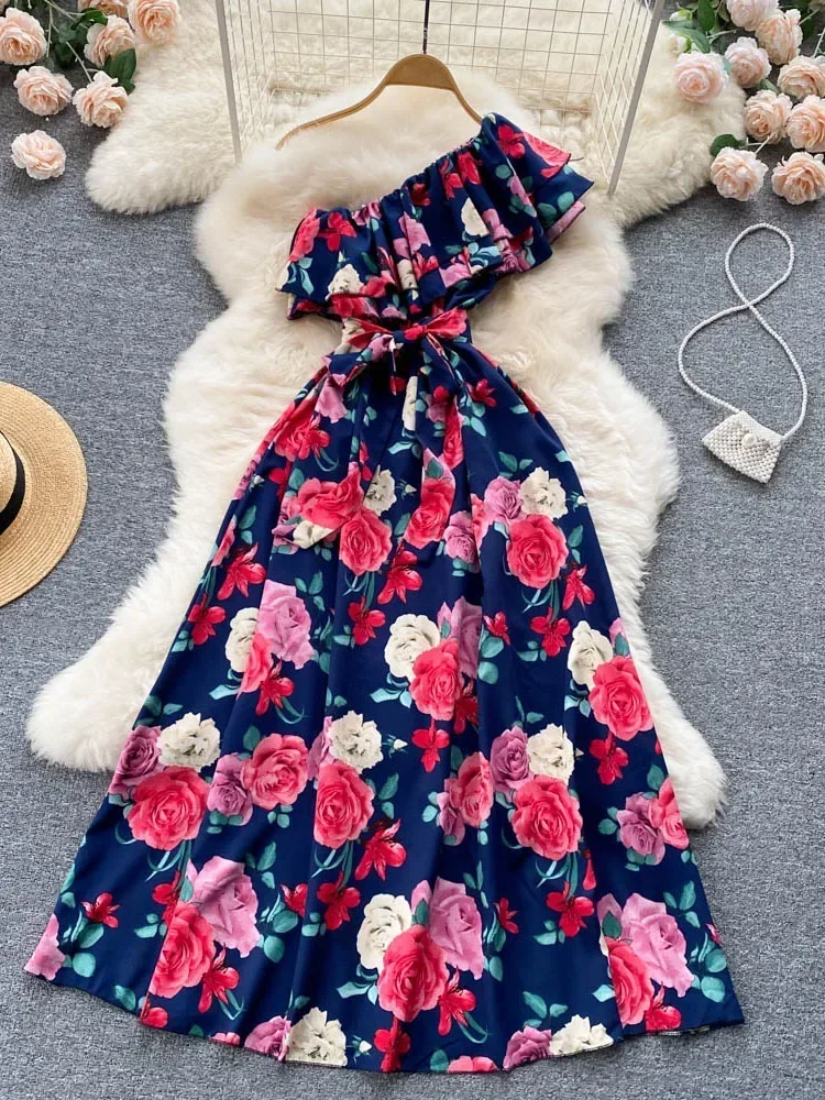 Floral Print Dress Summer Sexy Off-the-shoulder Waist Temperament A-line Holiday Beach Big Swing Long Dress Women D1127