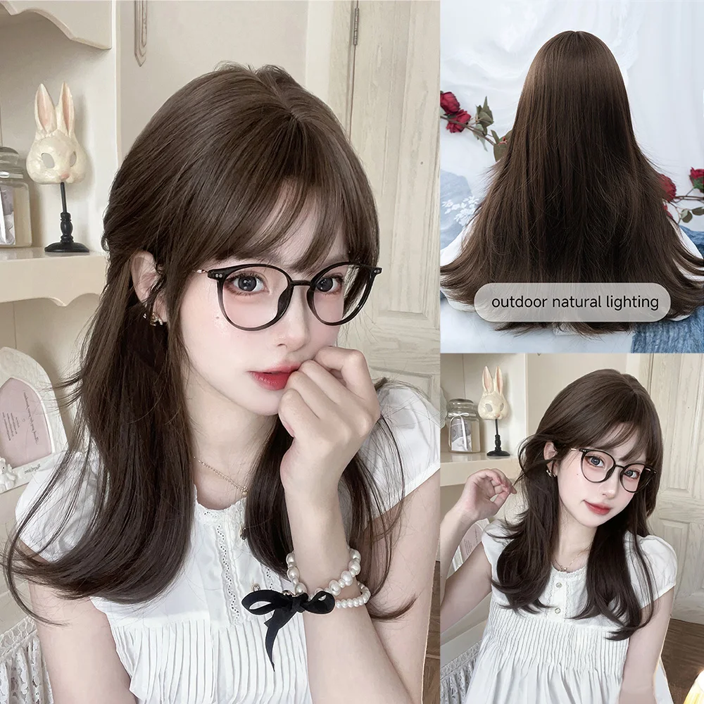 20Inch Chestnut Brown Lovely Synthetic Wigs with Bangs Medium Natural Wavy Hair Wig for Women Daily Use Cosplay Heat Resistant