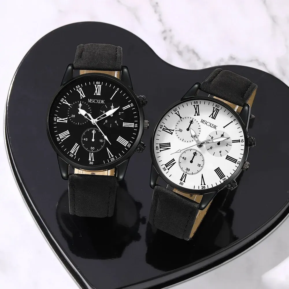 MSCXDK Marque 2PCS Set Couple Mode Casual En Cuir Montres Dames Simple Cadran Quartz Montres Robe Horloge Montre Femme