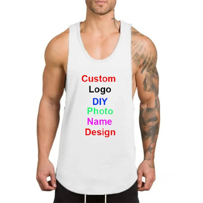 DIY Logo Photo Name Design Customized Summer Fitness Mens Bodybuilding Tank Top Gym Clothing Cotton Sleeveless T Shirt