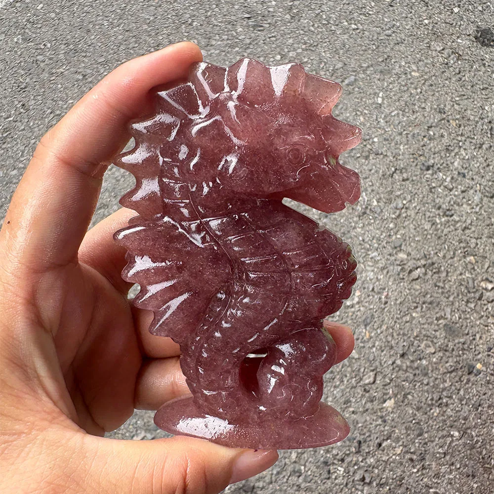 Custom Strawberry Quartz Seahorse Crystal Carving - Handcrafted Healing Gemstone Animal Figurine for Home Decor