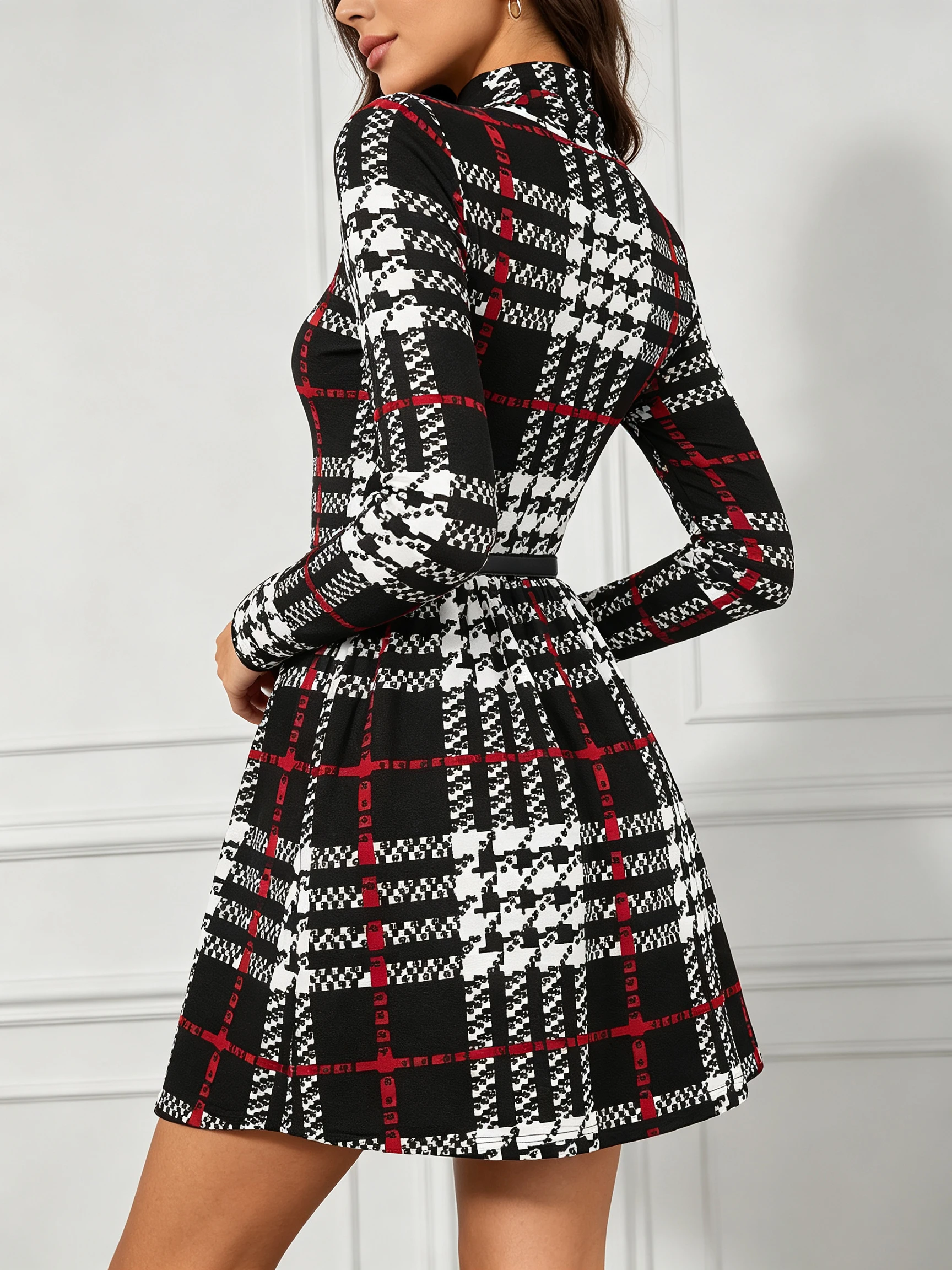 Damen Herbst Winter Vintage Karierter Kleid mit Trichterkragen, Langarm, Elegant, Vielseitig, Lässig, Party-Midikleid – Detail 2