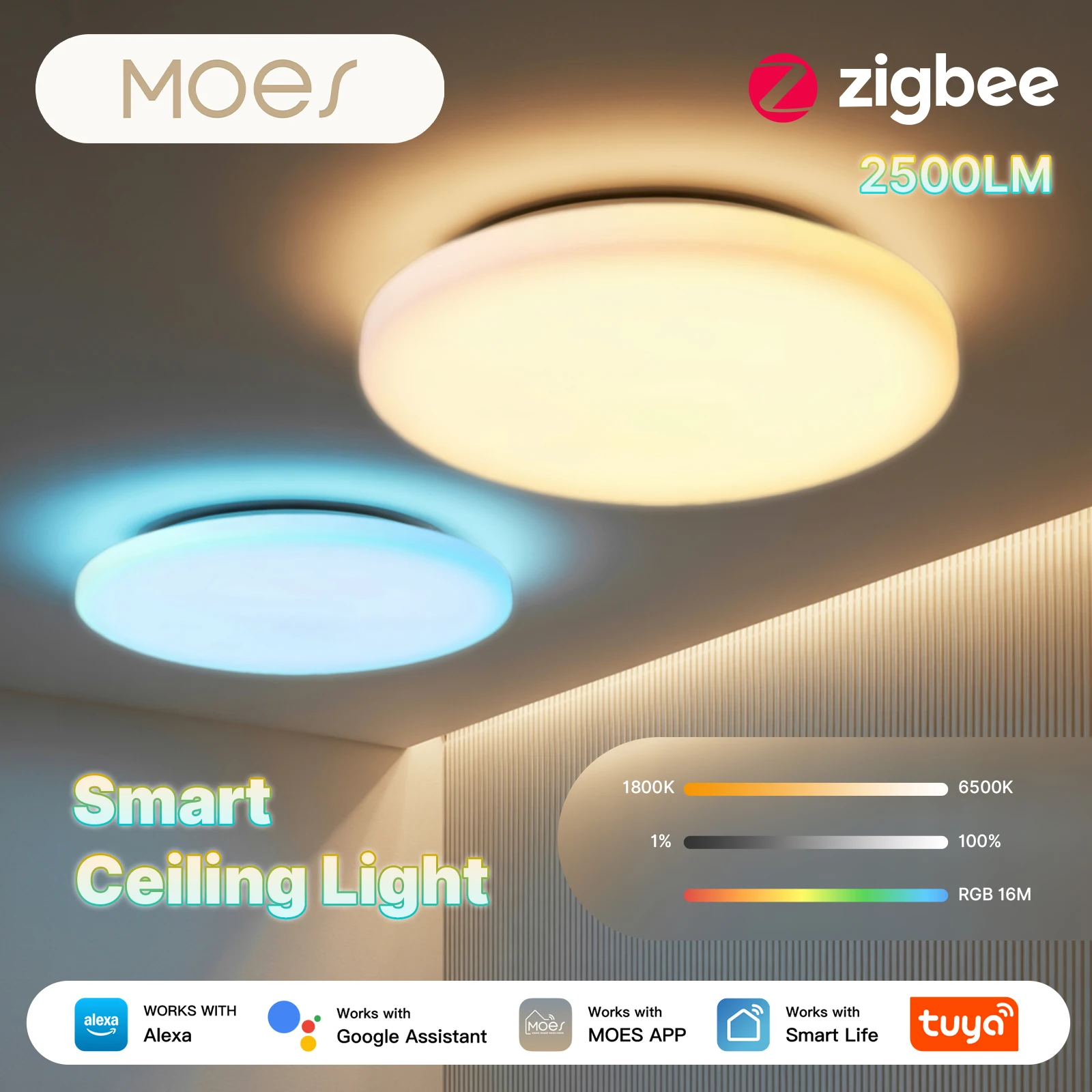 

Умный потолочный светодиодный светильник MOES Tuya Zigbee с регулировкой цветовой температуры, RGB-подсветкой, диммированием, управлением через приложение и голосовым управлением, совместим с Alexa и Google Home