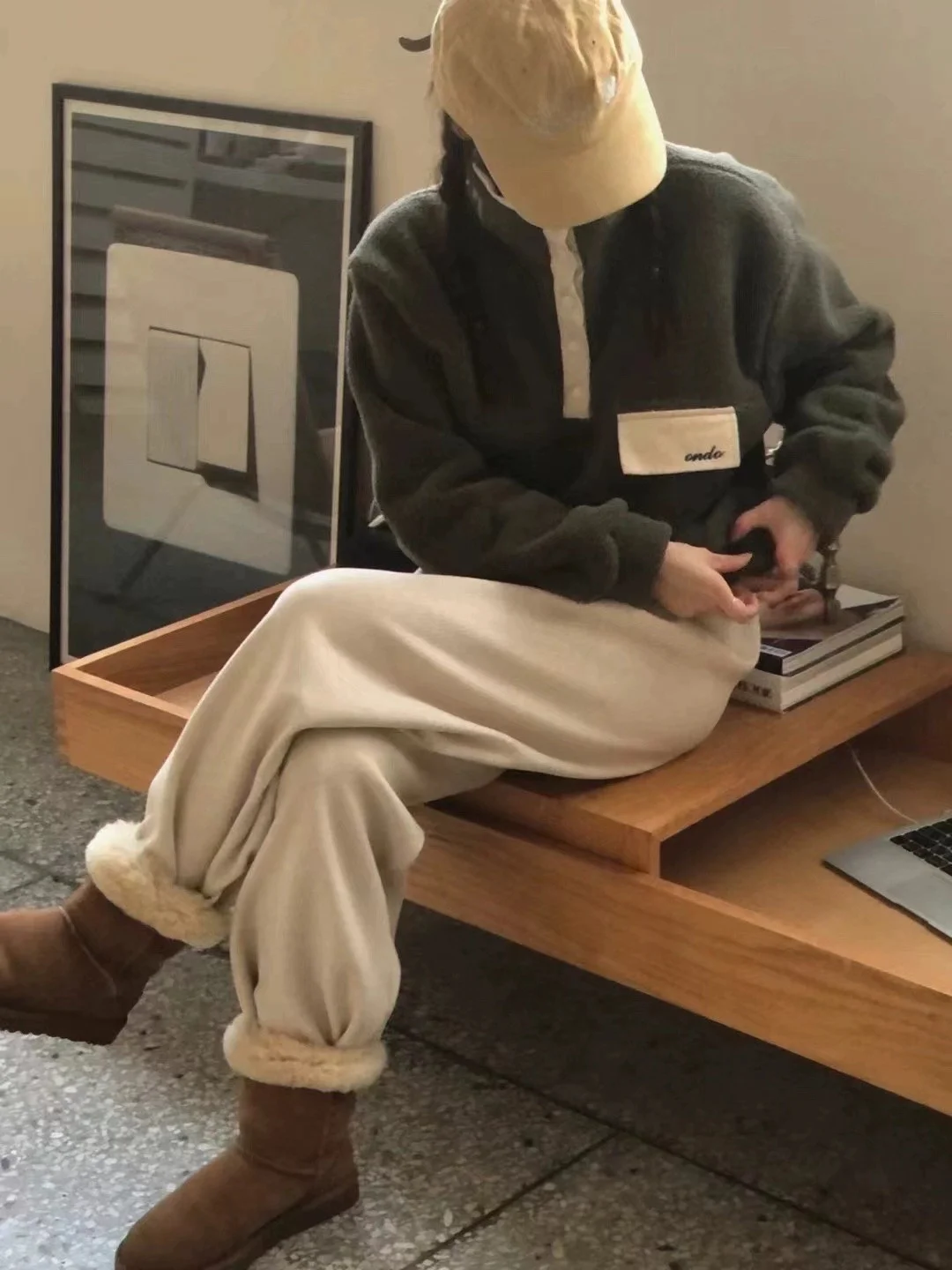 Calças Casuais de Inverno 2023  Slim Fit com Cintura Elástica Forradas em Fce com Punhos em Cor Sólida de Poliéster